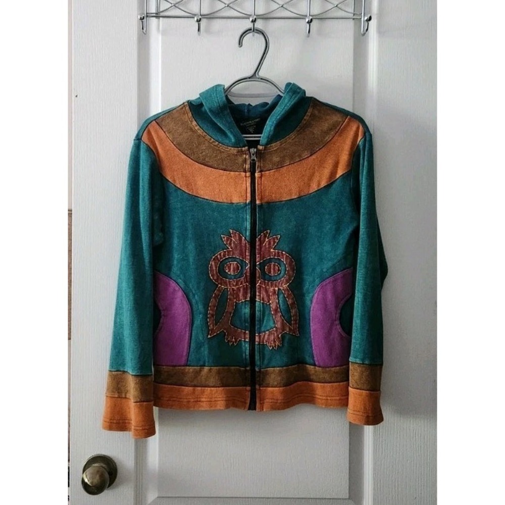 KATHMANDU IMPORTS Women's Hoodie Sweater Full-Zip Cotton Green Orange Size S